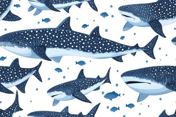 Naklejka premium Flat style seamless pattern of whale sharks, isolate on white background.