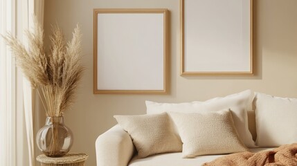 Close Up of Minimalist Farmhouse Living Room Mockup Featuring Light Oak Wood Frame Soft Pastel Accents and Natural Fiber Furniture. Ai generated image