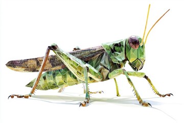 Fototapeta premium A low polygon style grasshopper, isolate on white background, showcasing geometric shapes and modern design.