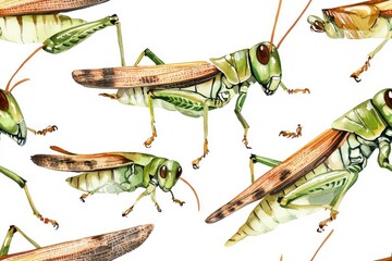 Fototapeta premium Watercolor seamless pattern of grasshoppers, isolate on white background.
