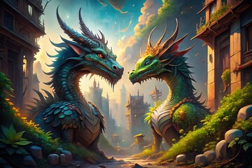 Fototapeta premium Serene Encounter: Two Dragons in Urban Exploration Setting