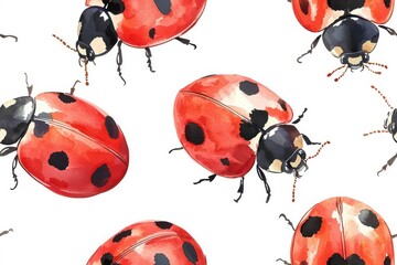 Watercolor seamless pattern of ladybugs, isolate on white background.