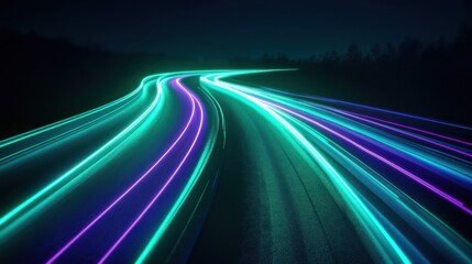 Gradient of emerald to sapphire neon road speed. Light abstract laser trace from the movement of cars. LED curves fast strips. 