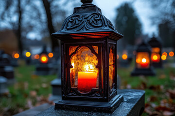 Decorative lanterns on a cemetery with candles inside