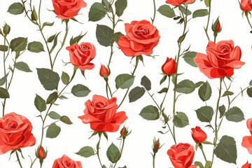 Flat style seamless pattern of red roses, isolate on white background.