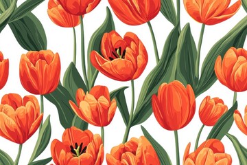 Flat style seamless pattern of tulips, isolate on white background.