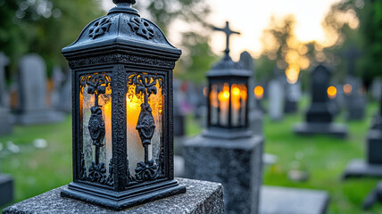 Obraz premium Cemetery candles in decorative glass lanterns
