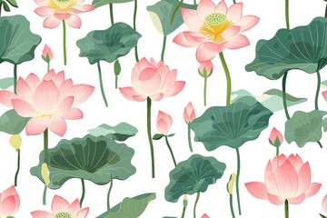 Obraz premium Flat style seamless pattern of lotus flowers, isolated on a white background.