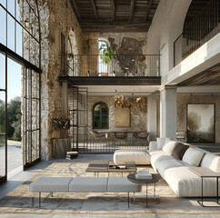 A large villa with Italian style.first floor is equipped with edra's on the rock sofa, fence on the second floor is facing a large french window. french window opens from the first floor to the second