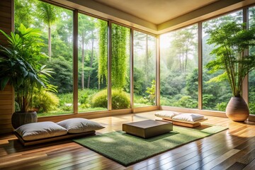 Fototapeta premium Serene Minimalist Meditation Room with Lush Greenery and Natural Light for Zen Home Interior Design