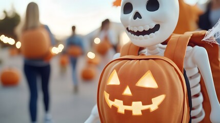 A cheerful skeleton with a pumpkin backpack stands in the foreground, while people with similar backpacks walk behind, celebrating Halloween.