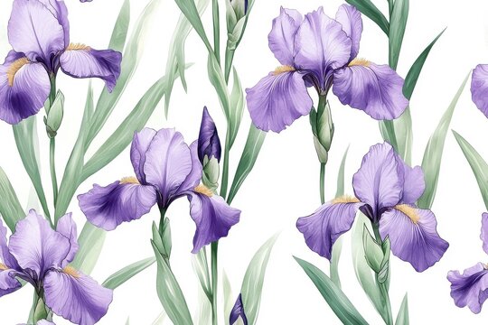 Watercolor style seamless pattern of irises, isolated on a white background.