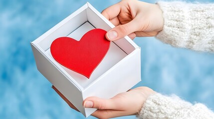 A person holding a gift box with a red heart inside, symbolizing love and affection against a soft blue background.