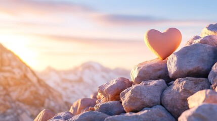 Fototapeta premium A heart-shaped stone rests atop a pile of rocks, illuminated by a warm sunset, set against a backdrop of tranquil mountains.