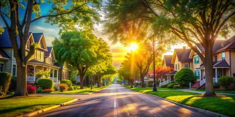 Naklejka premium Serene Residential Street in a Peaceful Neighborhood with Bokeh Effect on a Sunny Afternoon