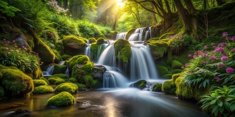 Serene Small Waterfall in Nature - Low Light Photography for Tranquil Landscapes