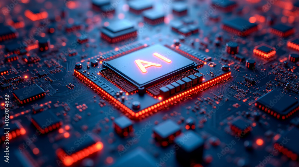 Poster artificial intelligence processor glowing on circuit board, high-tech semiconductor microchip, moder