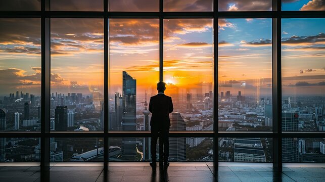 A business executive standing before a window, overlooking the city, deep in thought, representing self-reflection and responsibility for decisions, Accountability
