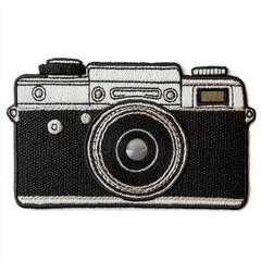 Black and white camera embroidered patch badge on isolated white background, vector badge and patch collection for print or embroidery