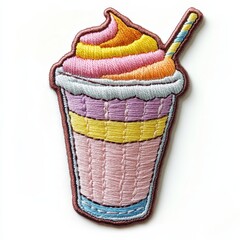 Milkshake with swirls of cream embroidered patch badge on isolated white background, vector badge and patch collection for print or embroidery