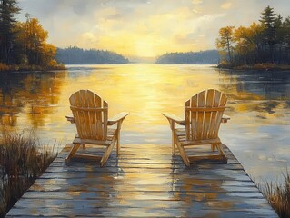 Naklejka premium peaceful sunrise illuminating two empty adirondack chairs on a tranquil dock, casting long shadows over the wooden pier, reflecting a serene moment by the lake in muskoka, ontario