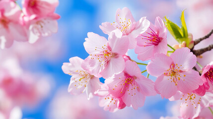 Elegant sakura flowers blooming against a bright blue