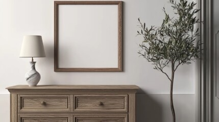 Close up of wooden frame mockup in traditional living room interior with classic chest of drawers, marble lamp and small olive tree on white wall background. Ai generated image
