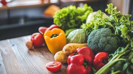 Close-up of vibrant fresh vegetables and fruits on wooden table, healthy blood pressure foods, natural nutrition and wellness concept.