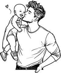 Black Line Art Baby Carried With Parent Hand Drawn Illustration
