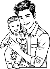 Black Line Art Baby Carried With Parent Hand Drawn Illustration