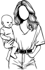 Black Line Art Baby Carried With Parent Hand Drawn Illustration
