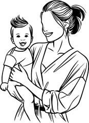 Black Line Art Baby Carried With Parent Hand Drawn Illustration
