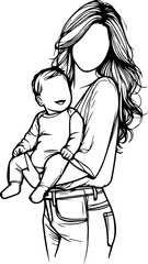 Black Line Art Baby Carried With Parent Hand Drawn Illustration