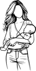 Black Line Art Baby Carried With Parent Hand Drawn Illustration