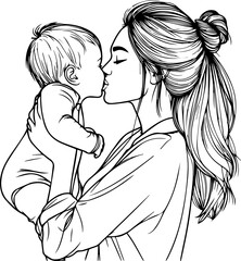 Black Line Art Baby Carried With Parent Hand Drawn Illustration