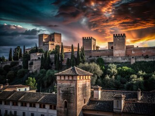 Naklejka premium Silhouette of Granada Fortress Wall and Towers at Alhambra Palace Complex
