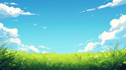Obraz premium Illustration of green meadow in spring, with warm sunshine. Ai generated image