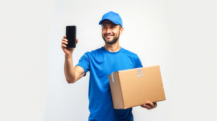 Delivery person in blue uniform presenting mobile phone app for efficient package delivery service, showcasing modern courier technology