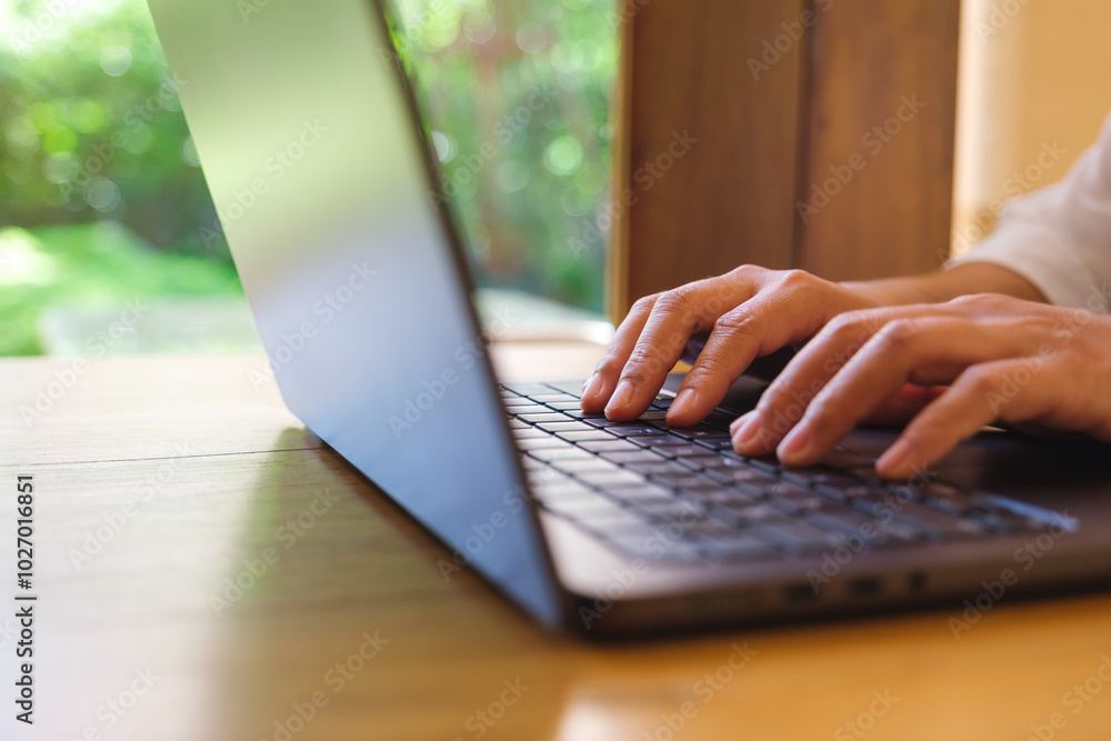 Wall mural Closeup image of a woman working and typing on laptop computer keyboard