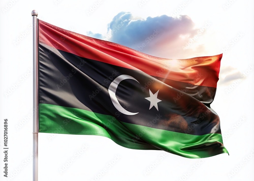 Poster silk-textured double exposure of the libya flag on a white background, providing ample copyspace for