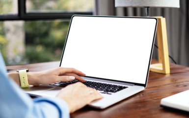 Mockup image of a woman using laptop with blank screen. Transparent. Cut out. PNG