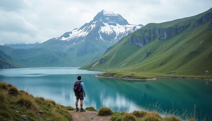 Hiker Exploring Serene Mountain Landscape by Crystal Clear Lake