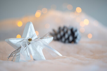 Atmospheric blue and purple christmas greeting card with soft bokeh lights.