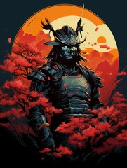 Samurai Warrior in Armor, Standing Amongst Cherry Blossoms