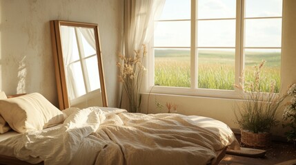 A cozy bedroom with soft linens, a standing mirror, and wide windows overlooking a serene field