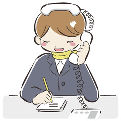 電話に出るスーツを着た女性の手描きイラスト