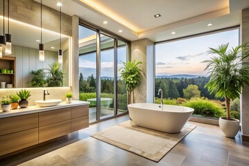 Fototapeta premium Sleek and modern bathroom design featuring panoramic photography showcasing scenic neighborhood views, blending contemporary aesthetics with vibrant