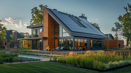 Obraz premium A quiet area with contemporary homes that showcase innovative architecture and ecological living, complete with solar panels, Generative AI.