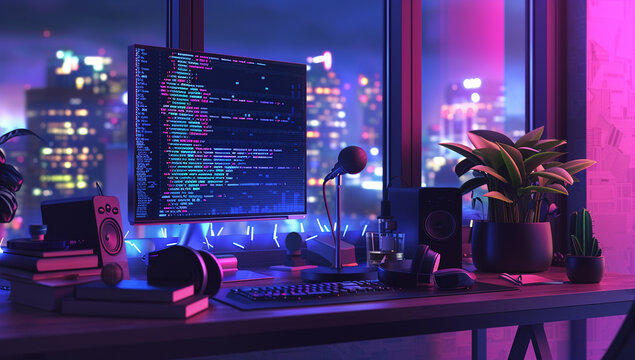 A vibrant, neon-lit workspace featuring a coding setup with a large monitor displaying code, a microphone, and speakers, overlooking a futuristic cityscape at night.
