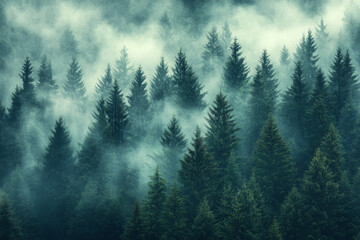 Mysterious mist envelops a dense forest during early morning hours